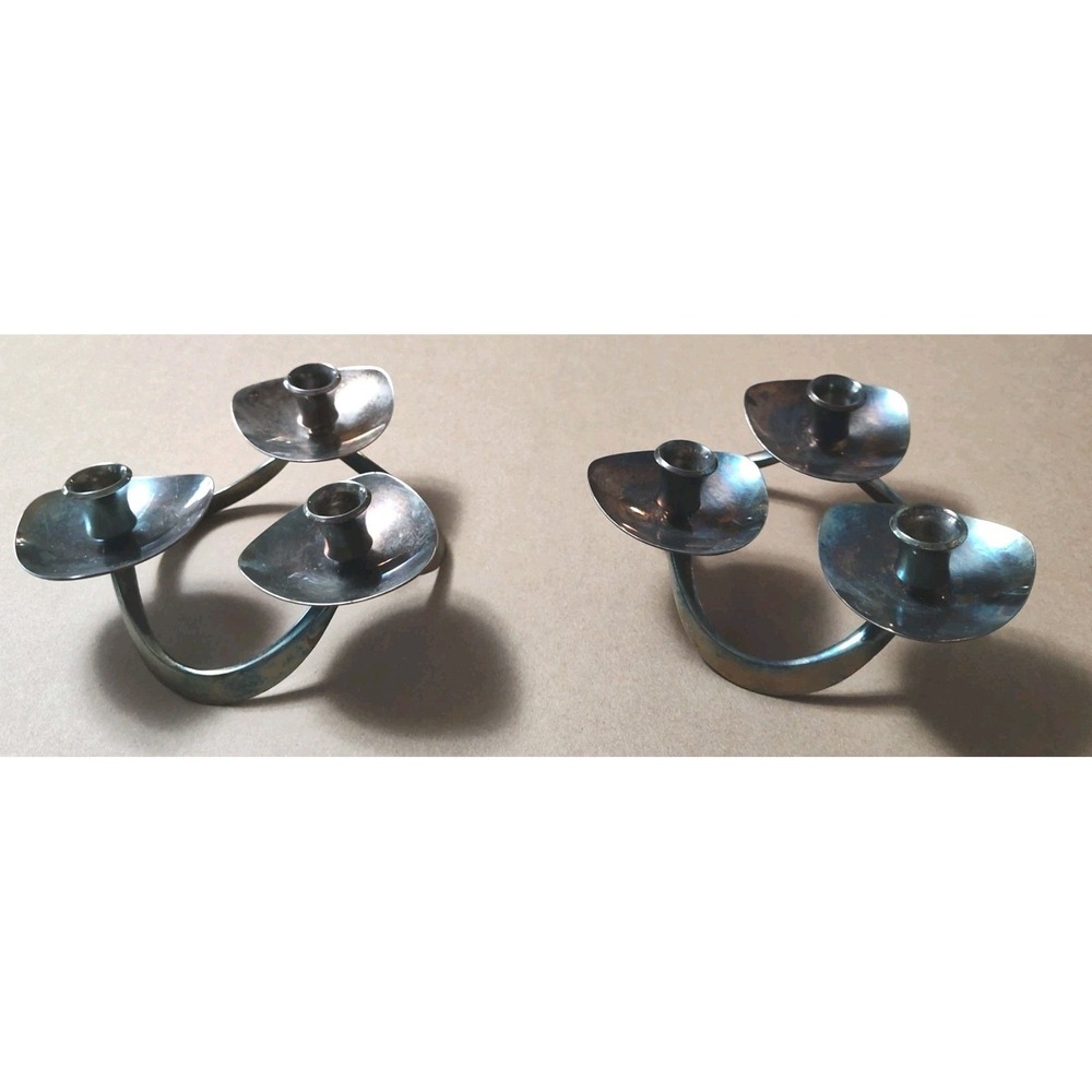Pair Vintage Lunt M61 Danish Modern Silverplated Candleholders for Tapers 6...